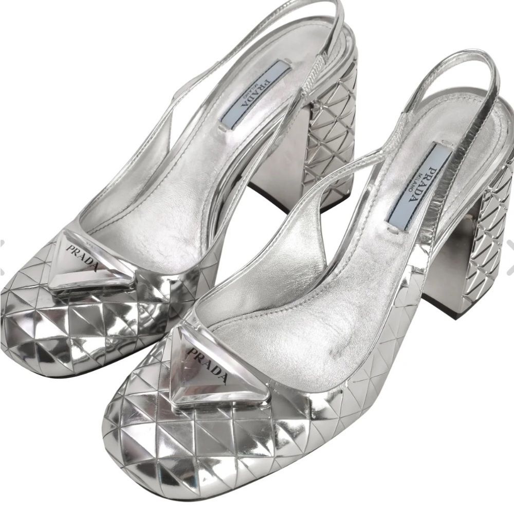 Prada Silver Leather Triangle Inlay Mirrored Square Toe Slingback Block Heels